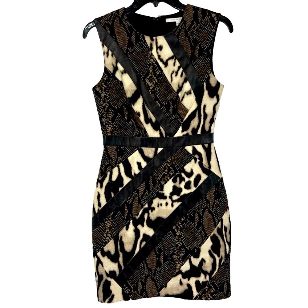 Diane von Furstenberg Nikita Black Combo dress leather shift and animal Print